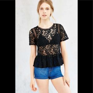 Sheer Floral Lace Drop Waist Peplum Top Blouse XS